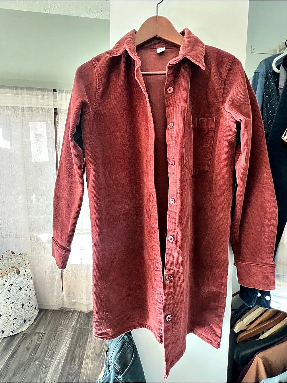 Twik Corduroy Shirtdress Button Down in Red size Small